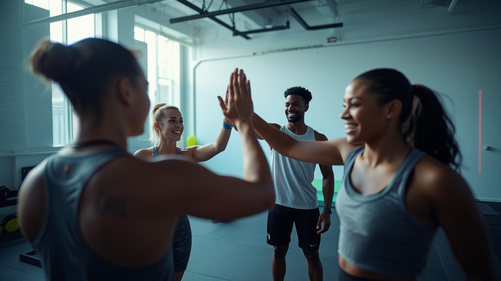 Athletes celebrating together in a gym